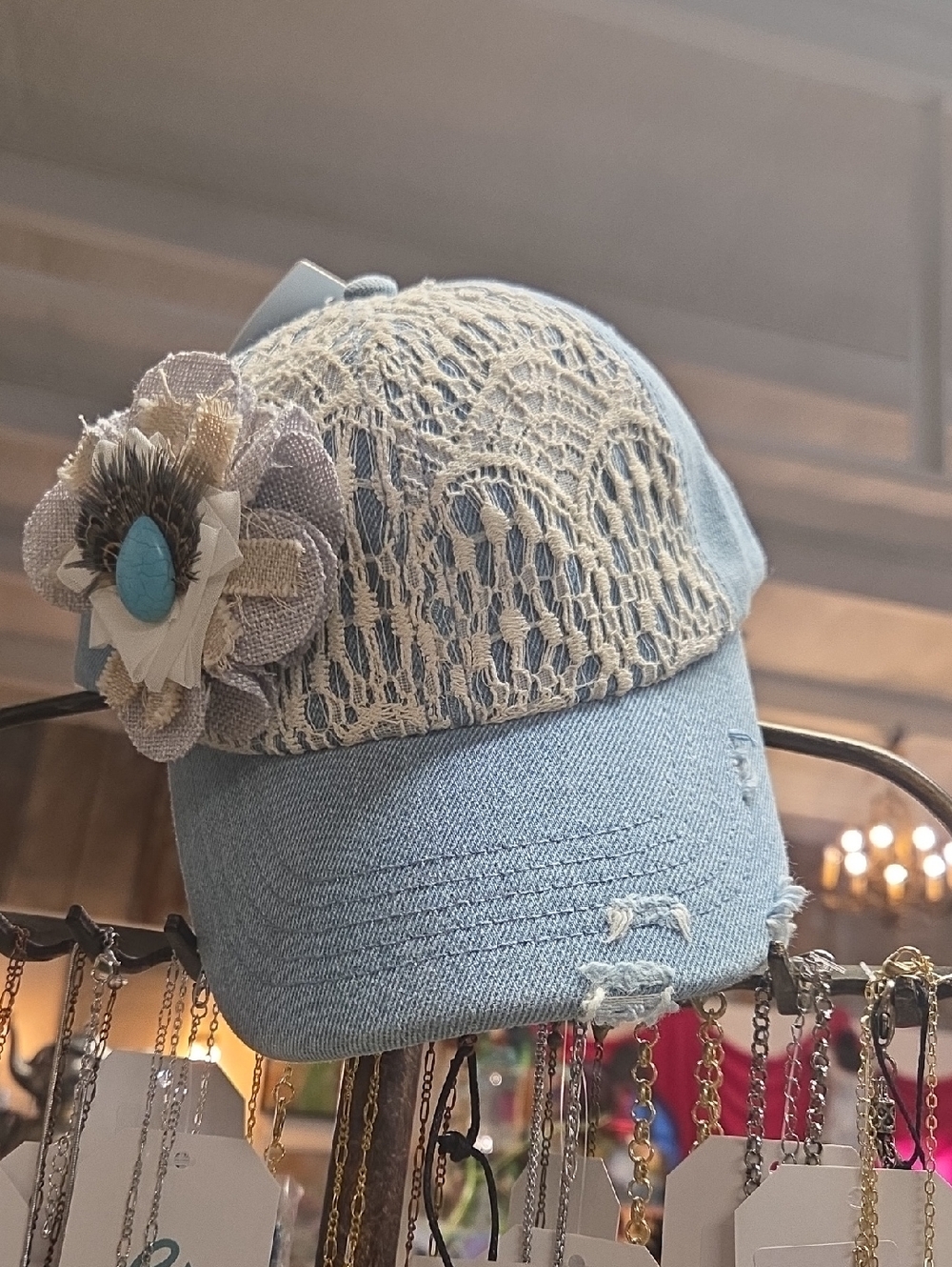 Lace Accent Light Blue Baseball Cap with Floral Detail
